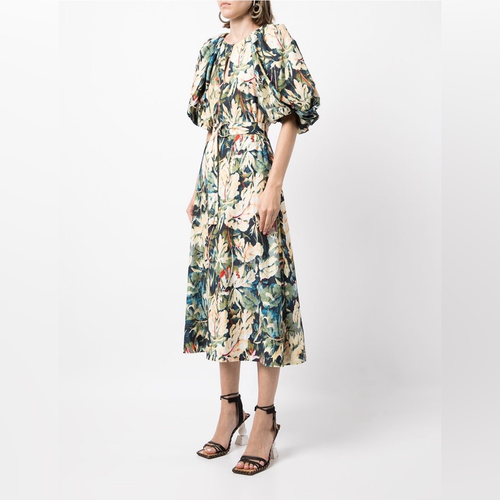 Acler Harlow Floral Print Midi Dress Belt Puff Sleeve - Picture 2 of 11